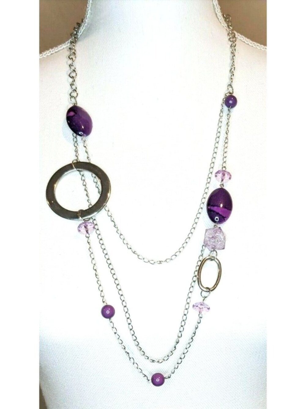 3 Strand Asymmetrical Necklace With Purple Facet/Round/Oval Beads, Metal Accents